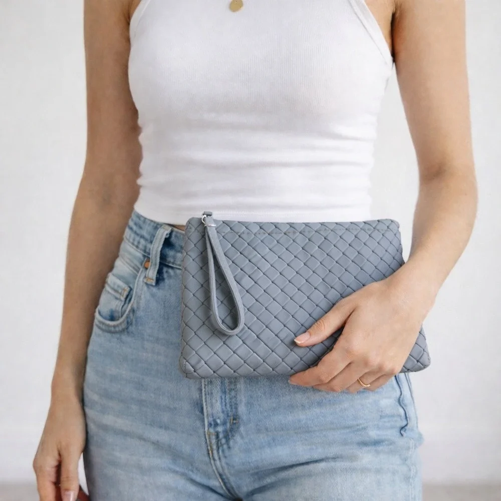 Rachel Zoe Gray Woven Textured Faux Leather Wristlet Clutch Bag‎